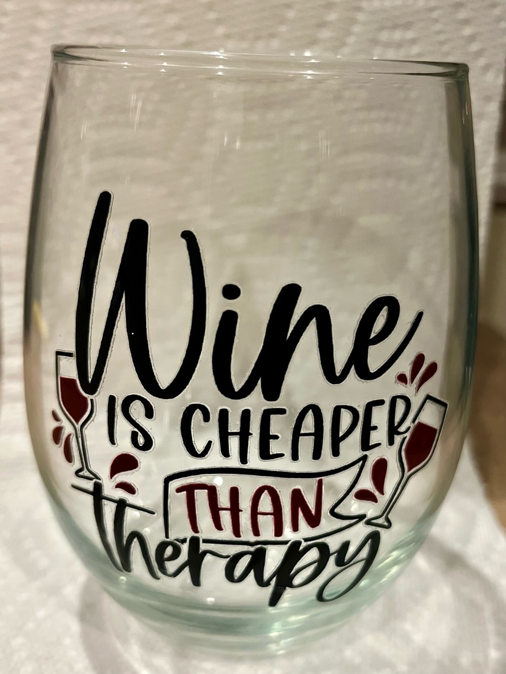 "Wine Is Cheaper Than Therapy" Stemless Wine Glass - Black & Red Lettering